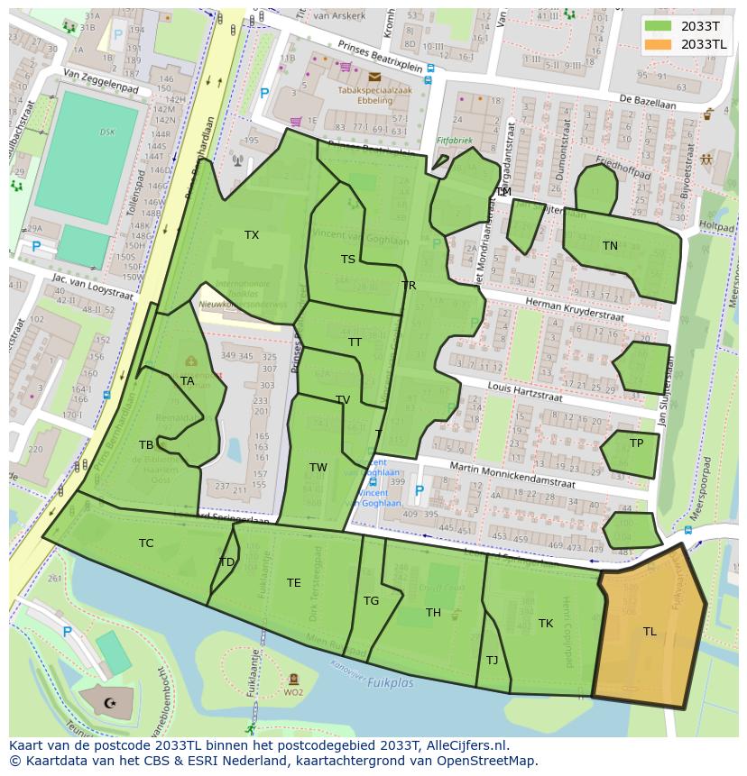 Afbeelding van het postcodegebied 2033 TL op de kaart.