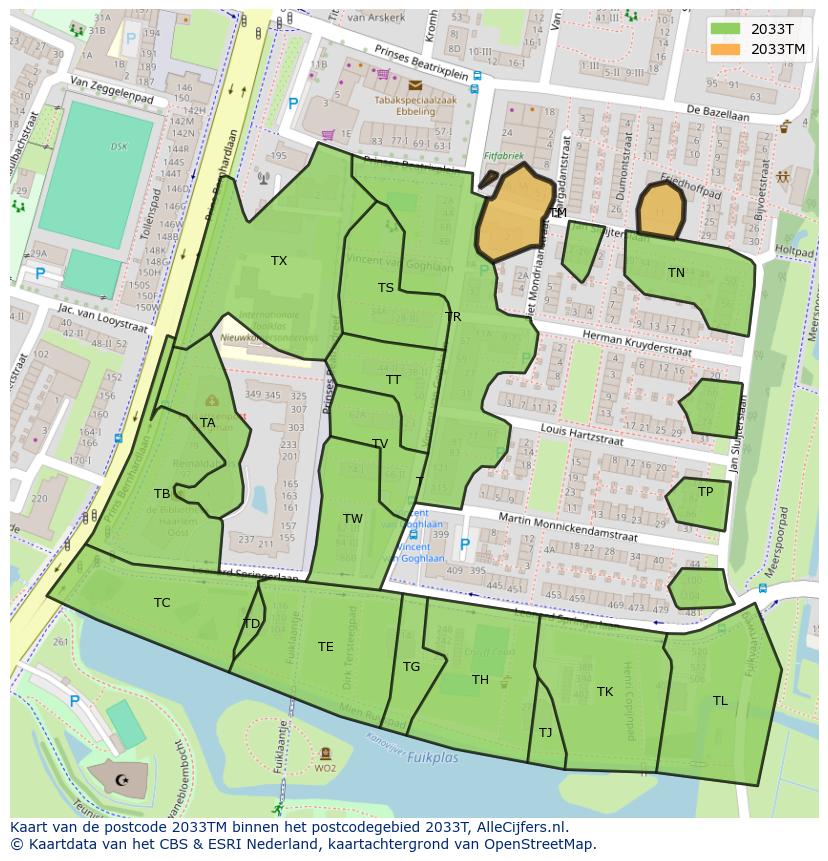 Afbeelding van het postcodegebied 2033 TM op de kaart.