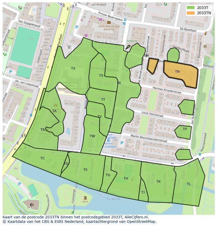Afbeelding van het postcodegebied 2033 TN op de kaart.