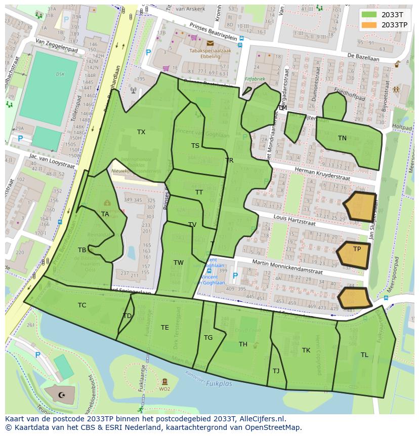 Afbeelding van het postcodegebied 2033 TP op de kaart.