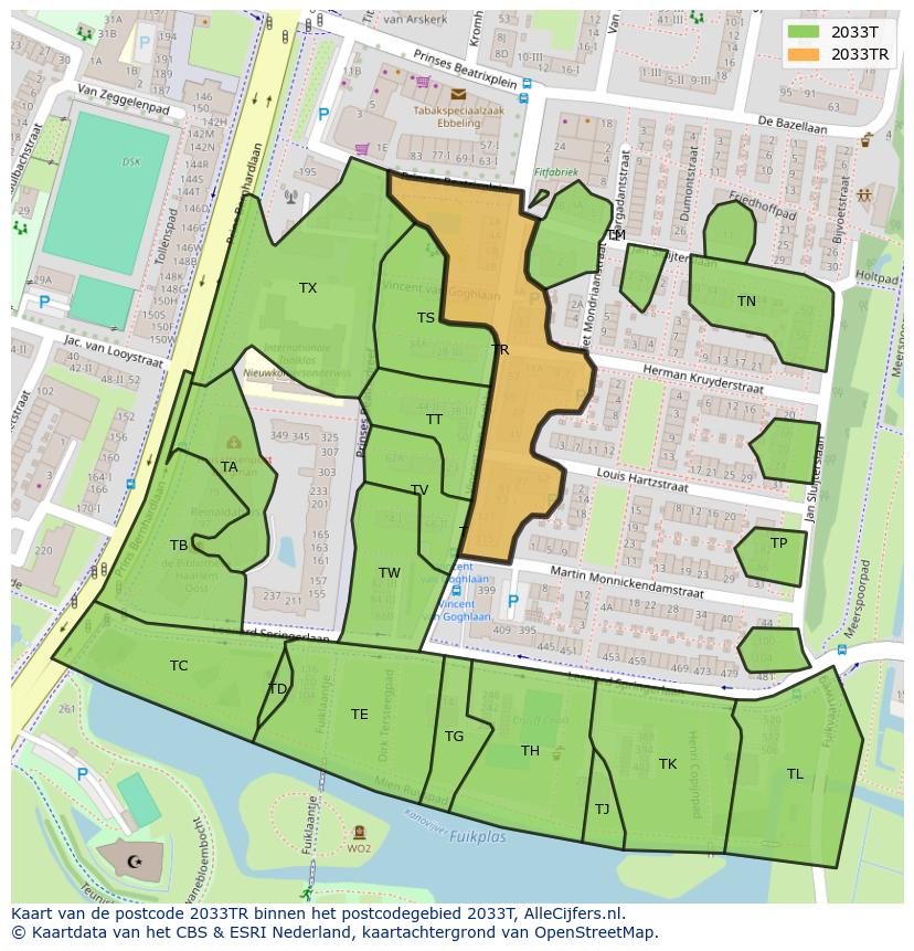 Afbeelding van het postcodegebied 2033 TR op de kaart.