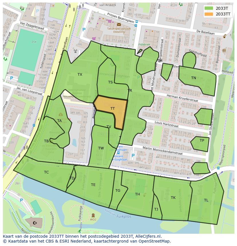 Afbeelding van het postcodegebied 2033 TT op de kaart.