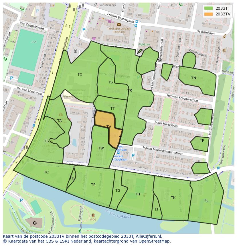 Afbeelding van het postcodegebied 2033 TV op de kaart.