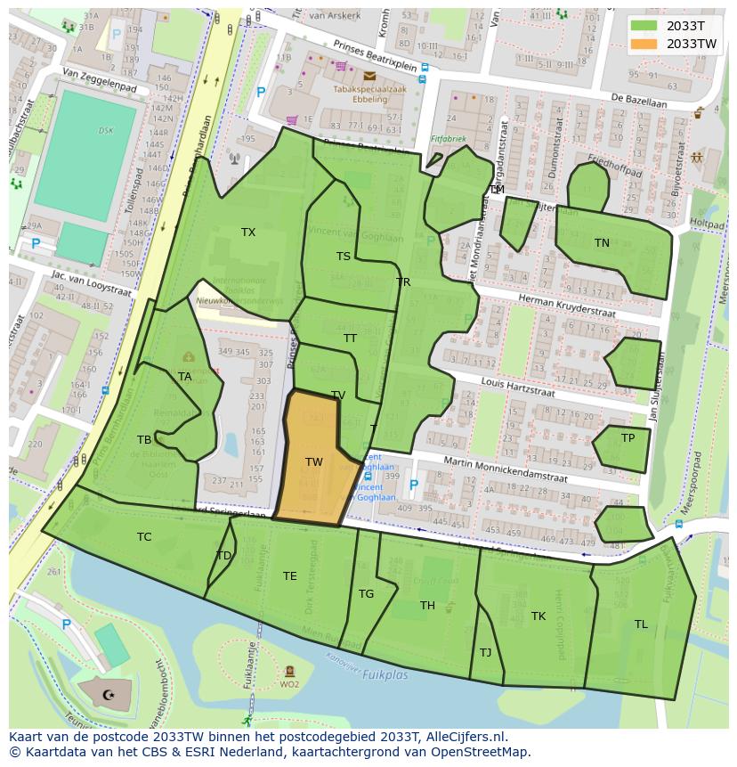 Afbeelding van het postcodegebied 2033 TW op de kaart.