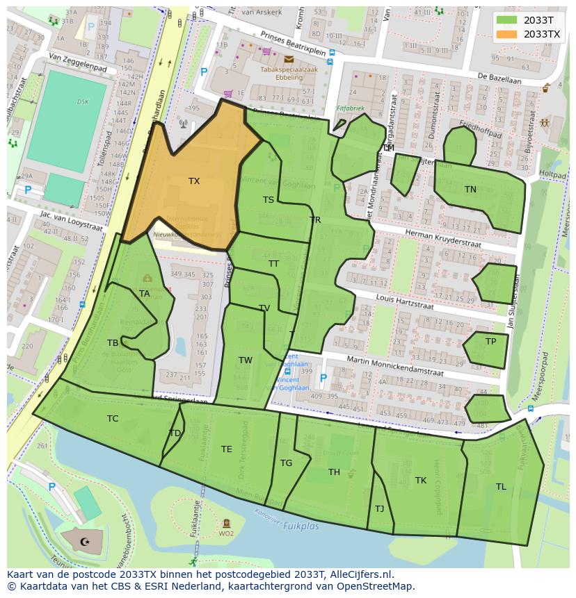 Afbeelding van het postcodegebied 2033 TX op de kaart.