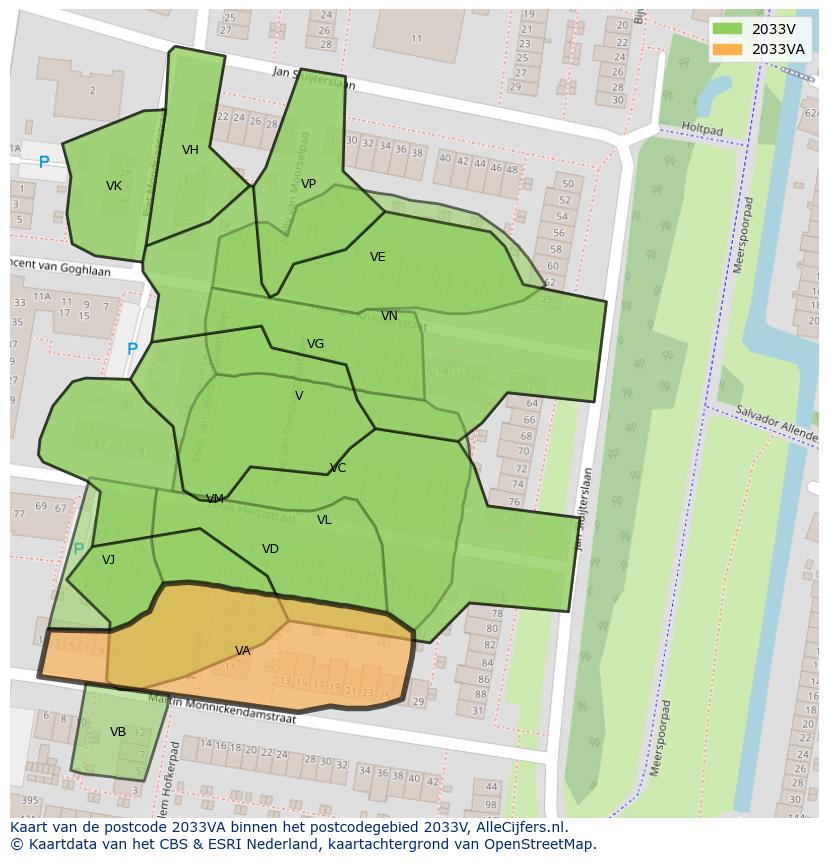 Afbeelding van het postcodegebied 2033 VA op de kaart.