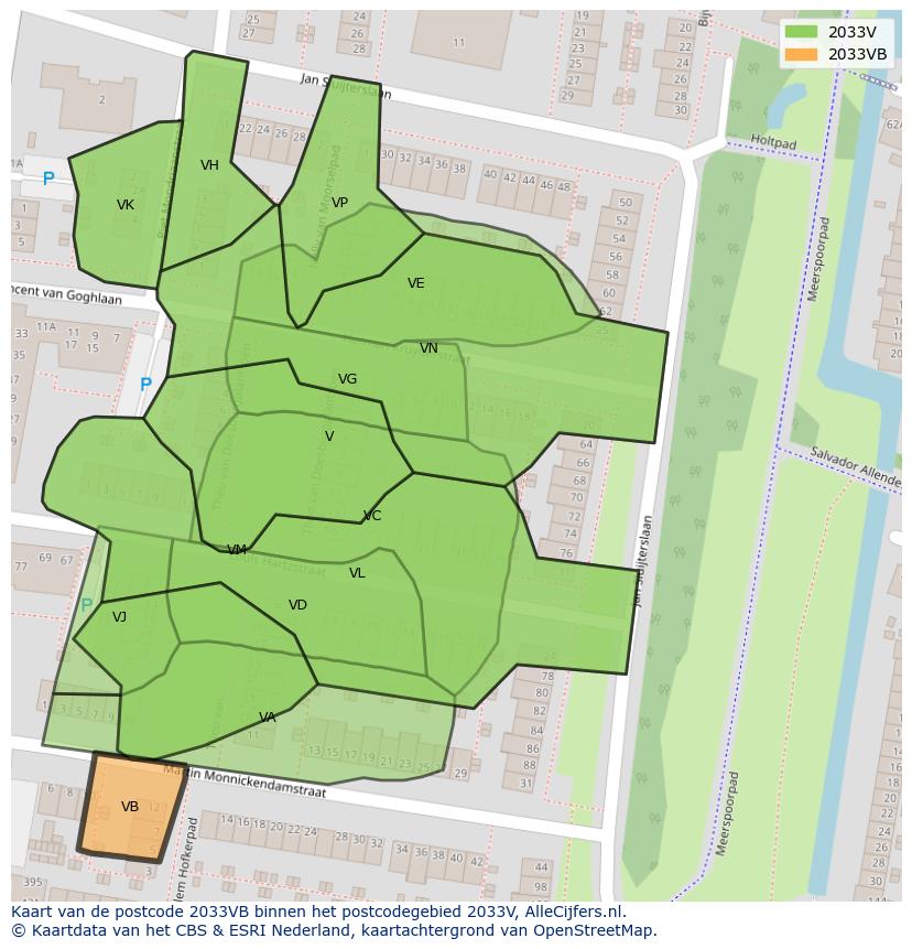 Afbeelding van het postcodegebied 2033 VB op de kaart.