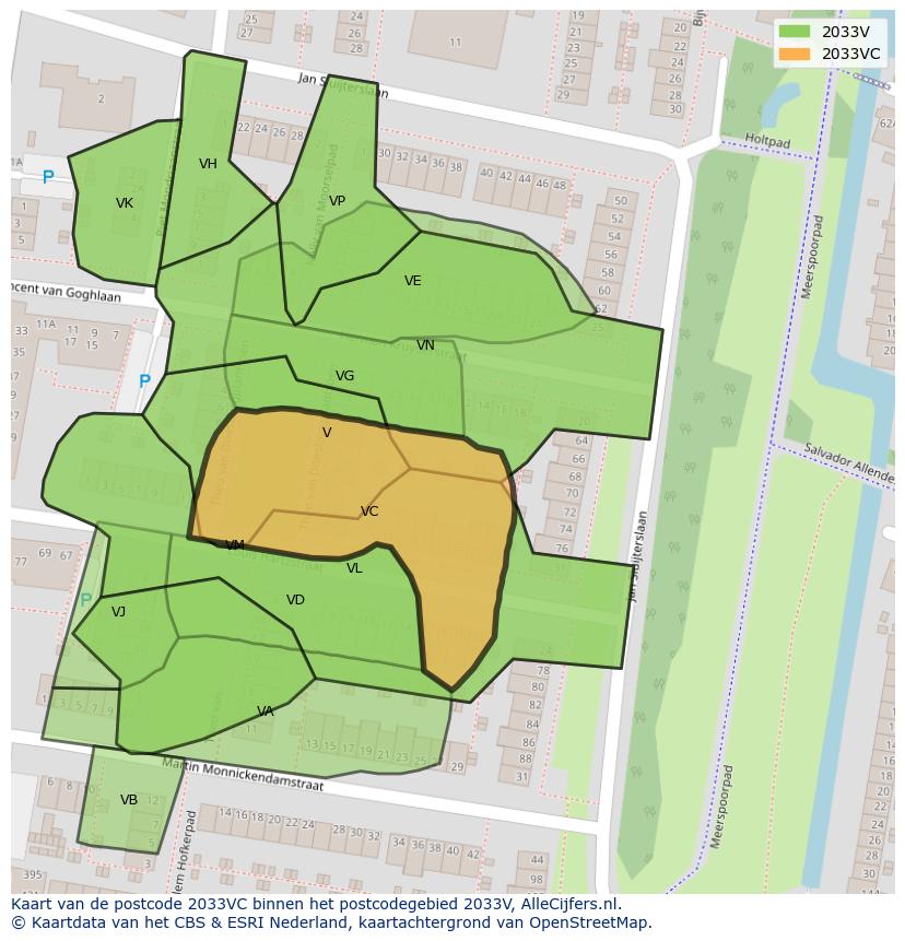 Afbeelding van het postcodegebied 2033 VC op de kaart.