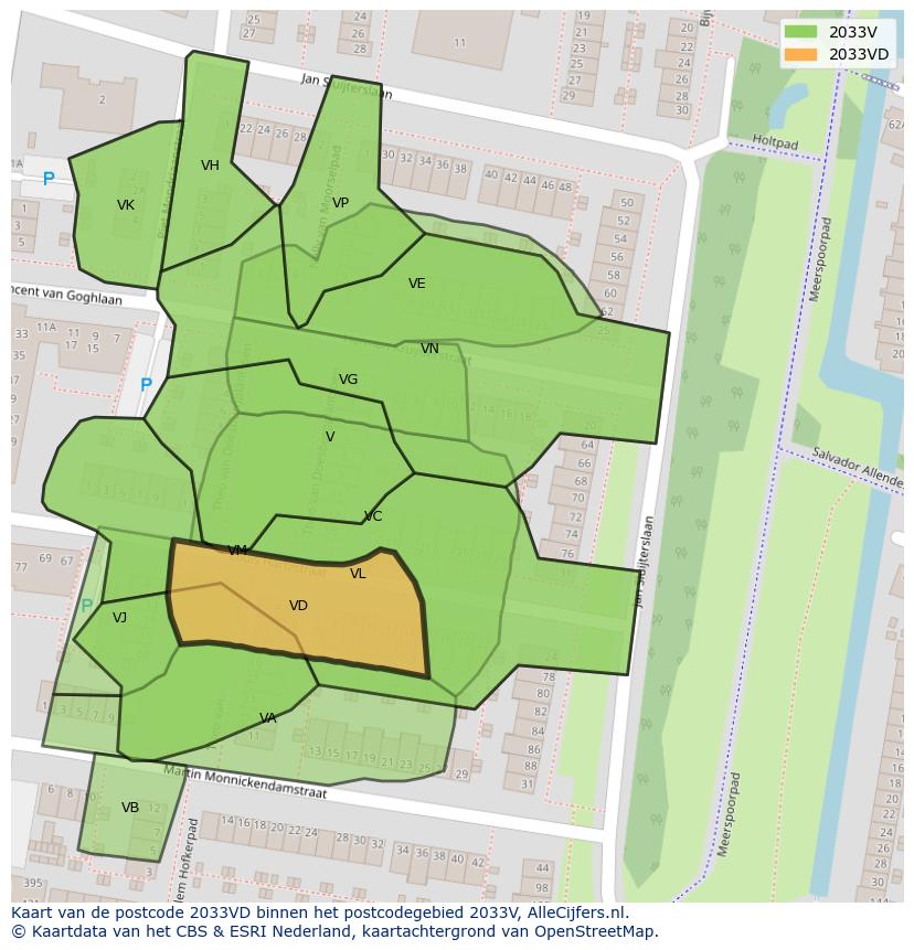 Afbeelding van het postcodegebied 2033 VD op de kaart.