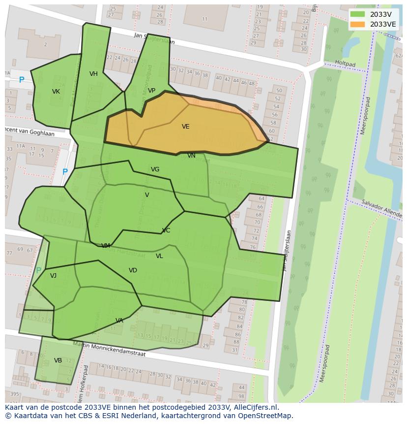 Afbeelding van het postcodegebied 2033 VE op de kaart.
