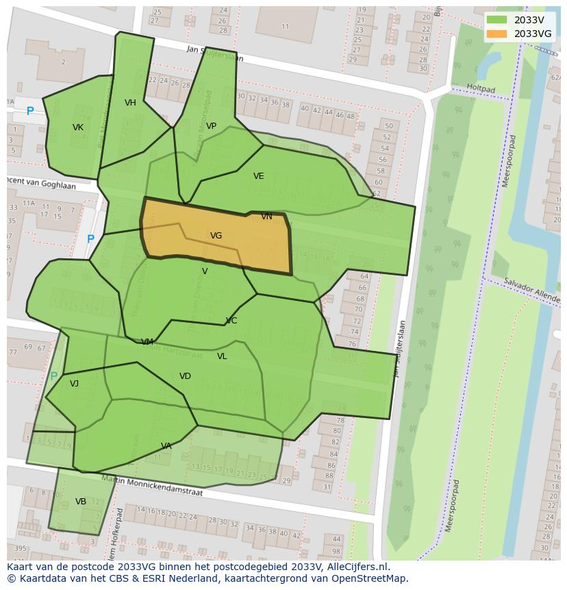 Afbeelding van het postcodegebied 2033 VG op de kaart.