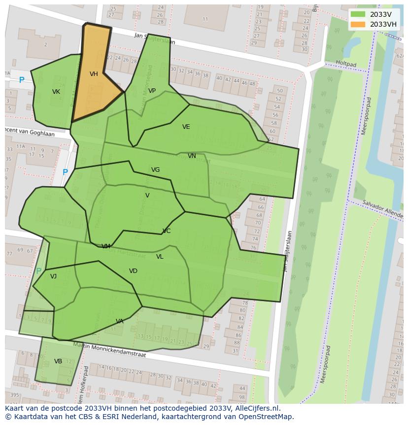 Afbeelding van het postcodegebied 2033 VH op de kaart.
