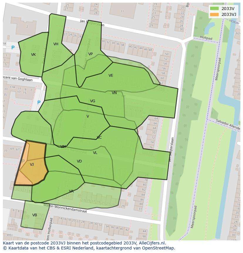 Afbeelding van het postcodegebied 2033 VJ op de kaart.