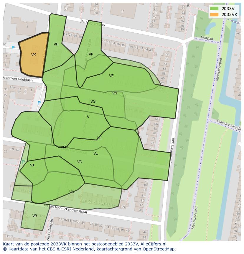 Afbeelding van het postcodegebied 2033 VK op de kaart.