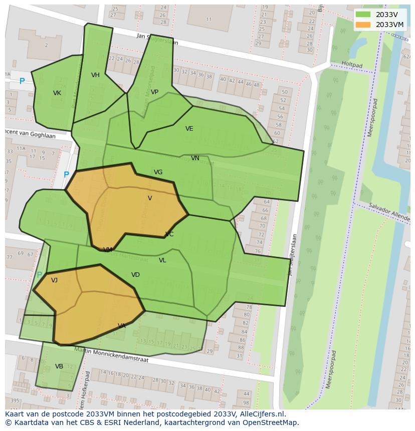 Afbeelding van het postcodegebied 2033 VM op de kaart.