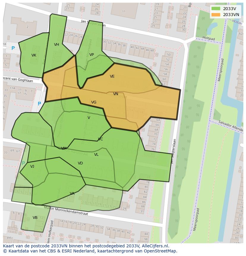 Afbeelding van het postcodegebied 2033 VN op de kaart.