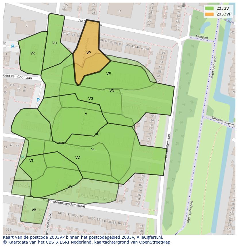 Afbeelding van het postcodegebied 2033 VP op de kaart.