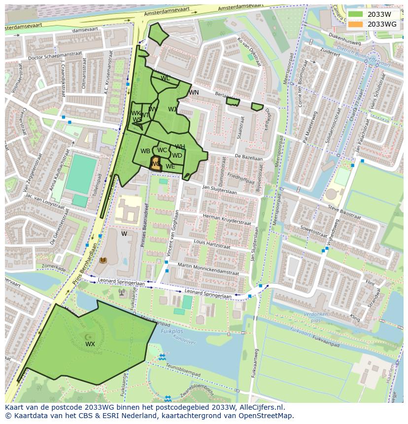 Afbeelding van het postcodegebied 2033 WG op de kaart.