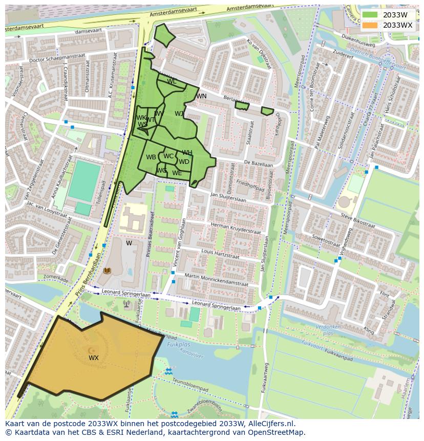 Afbeelding van het postcodegebied 2033 WX op de kaart.