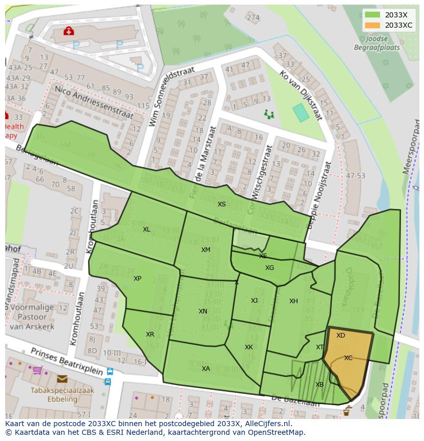 Afbeelding van het postcodegebied 2033 XC op de kaart.
