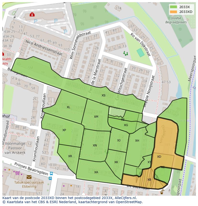 Afbeelding van het postcodegebied 2033 XD op de kaart.