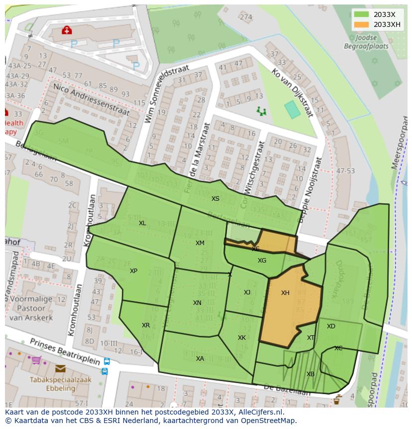 Afbeelding van het postcodegebied 2033 XH op de kaart.