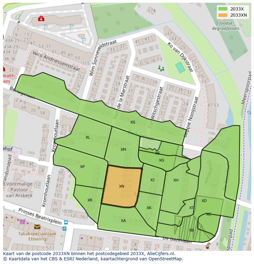 Afbeelding van het postcodegebied 2033 XN op de kaart.