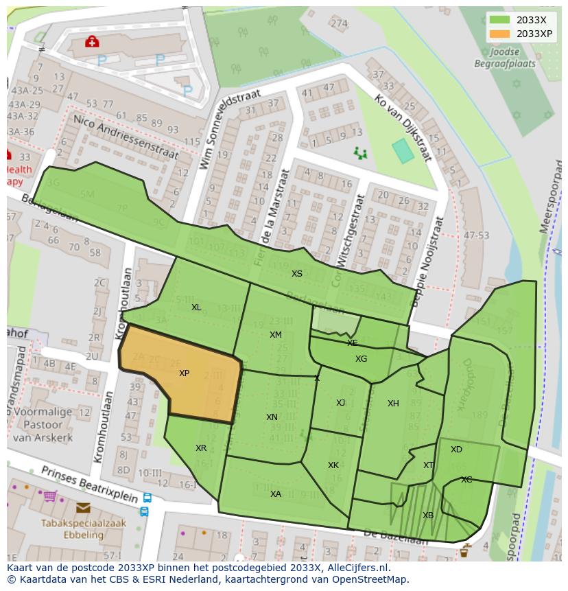 Afbeelding van het postcodegebied 2033 XP op de kaart.