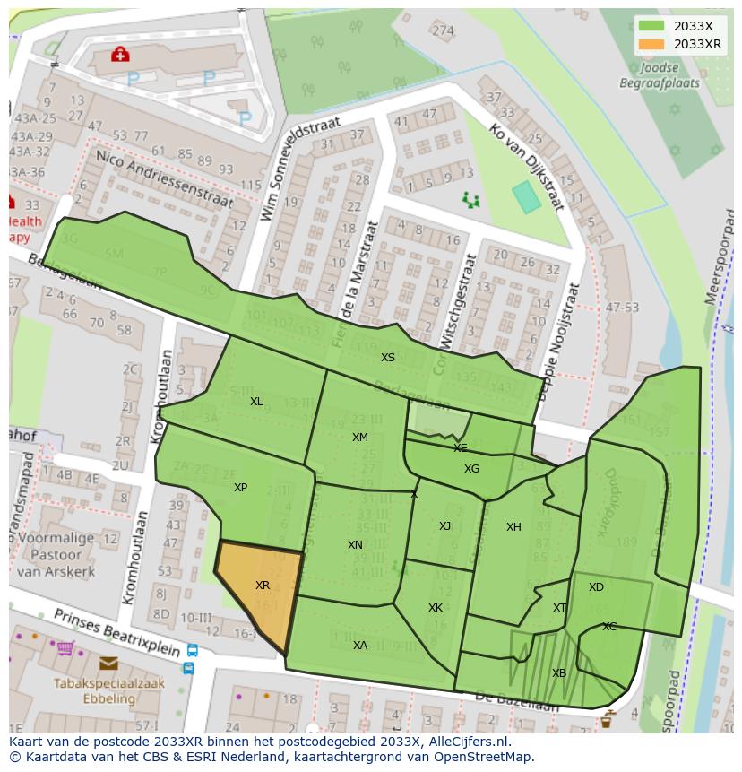 Afbeelding van het postcodegebied 2033 XR op de kaart.