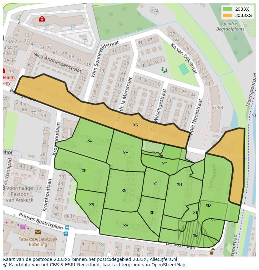 Afbeelding van het postcodegebied 2033 XS op de kaart.