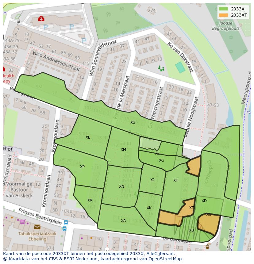 Afbeelding van het postcodegebied 2033 XT op de kaart.