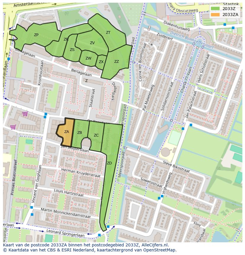 Afbeelding van het postcodegebied 2033 ZA op de kaart.