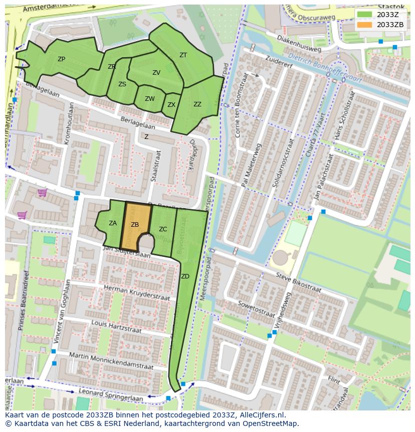 Afbeelding van het postcodegebied 2033 ZB op de kaart.