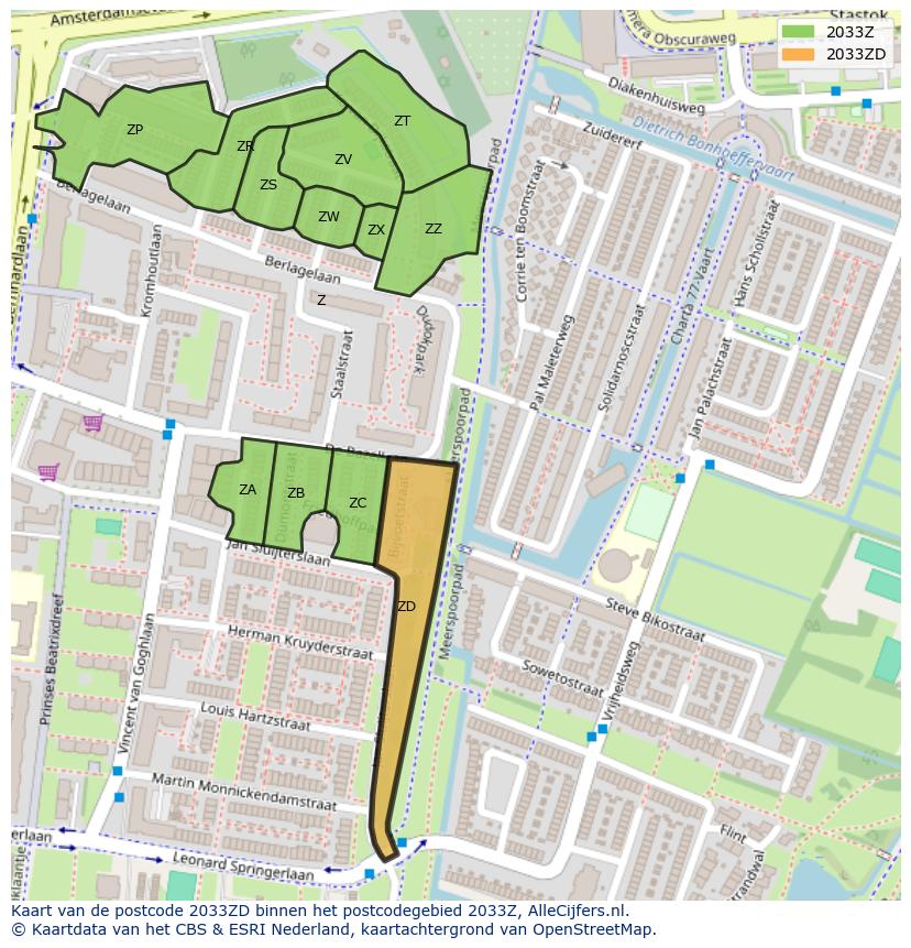 Afbeelding van het postcodegebied 2033 ZD op de kaart.