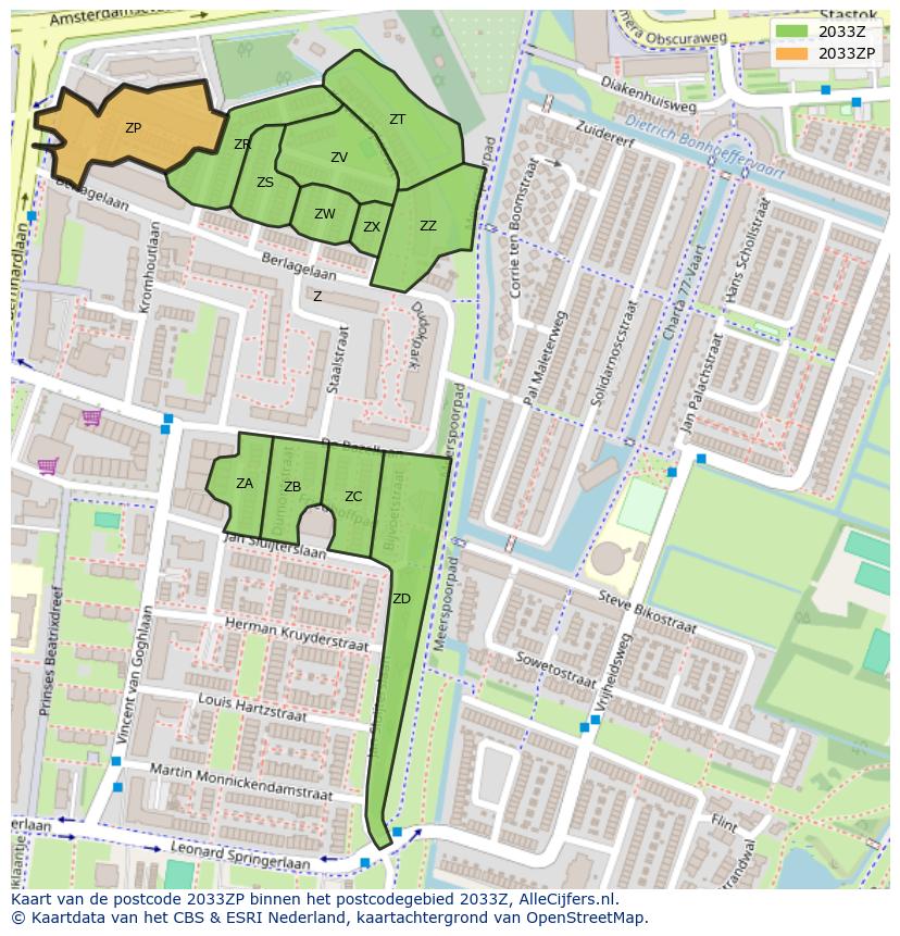 Afbeelding van het postcodegebied 2033 ZP op de kaart.