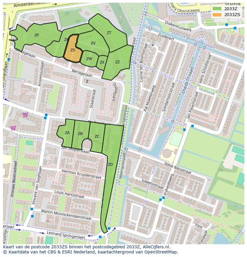 Afbeelding van het postcodegebied 2033 ZS op de kaart.