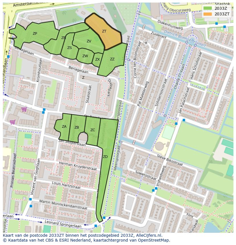 Afbeelding van het postcodegebied 2033 ZT op de kaart.