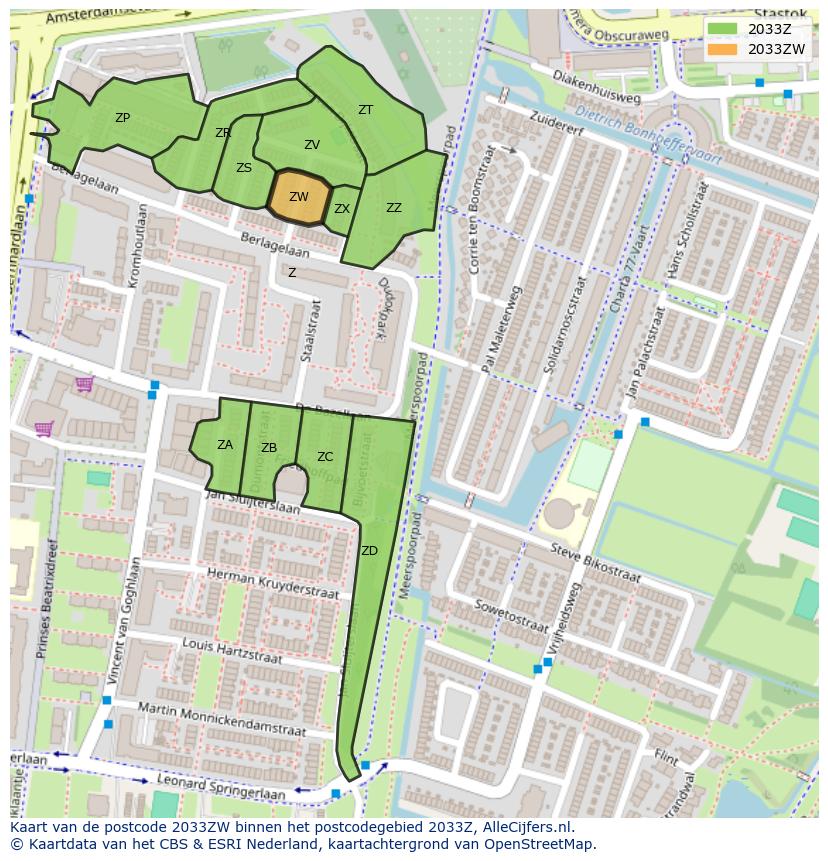 Afbeelding van het postcodegebied 2033 ZW op de kaart.