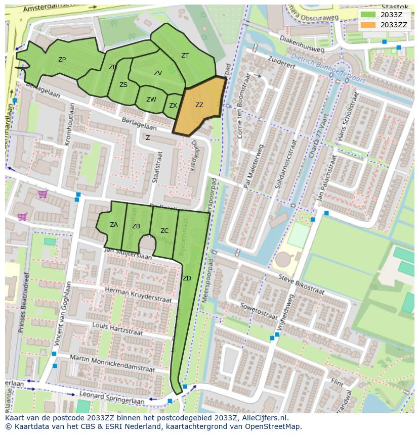 Afbeelding van het postcodegebied 2033 ZZ op de kaart.