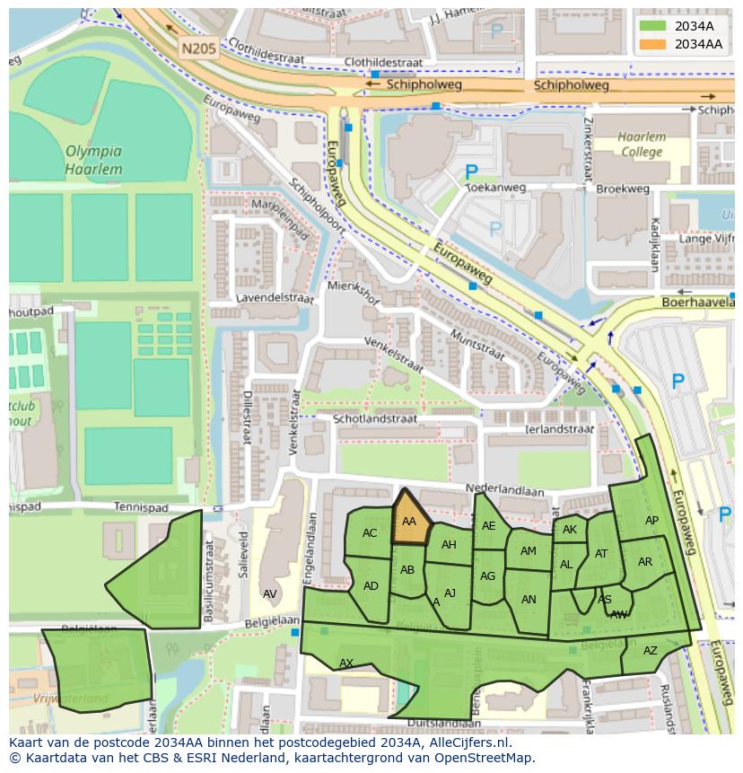 Afbeelding van het postcodegebied 2034 AA op de kaart.