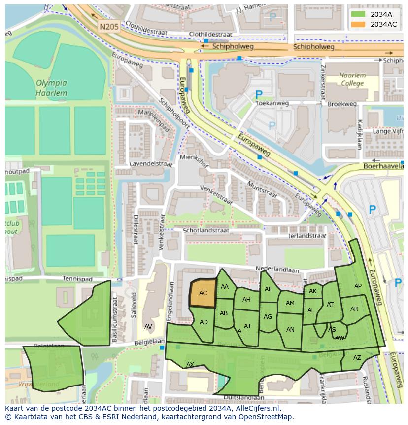 Afbeelding van het postcodegebied 2034 AC op de kaart.