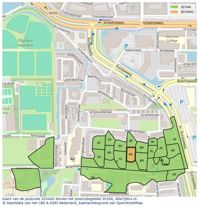 Afbeelding van het postcodegebied 2034 AG op de kaart.