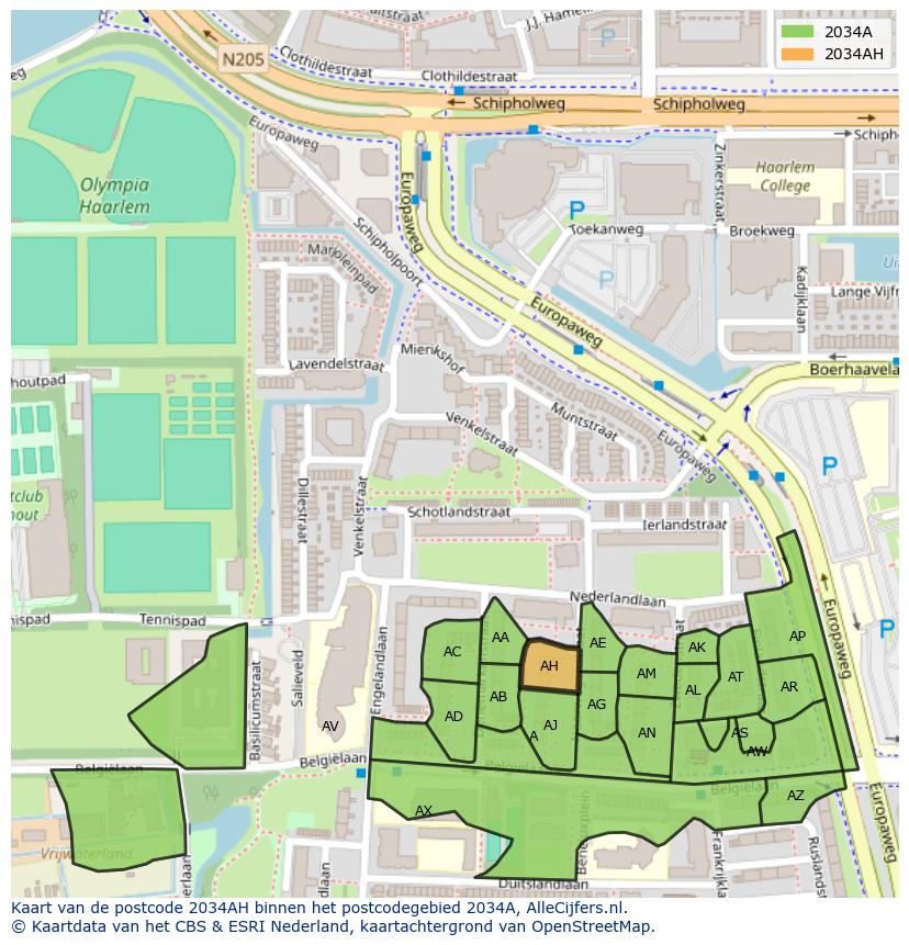 Afbeelding van het postcodegebied 2034 AH op de kaart.