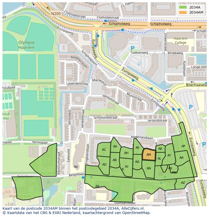 Afbeelding van het postcodegebied 2034 AM op de kaart.
