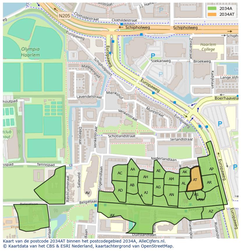 Afbeelding van het postcodegebied 2034 AT op de kaart.