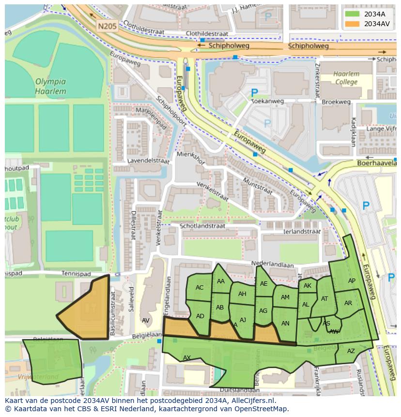 Afbeelding van het postcodegebied 2034 AV op de kaart.