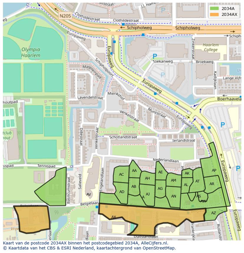 Afbeelding van het postcodegebied 2034 AX op de kaart.