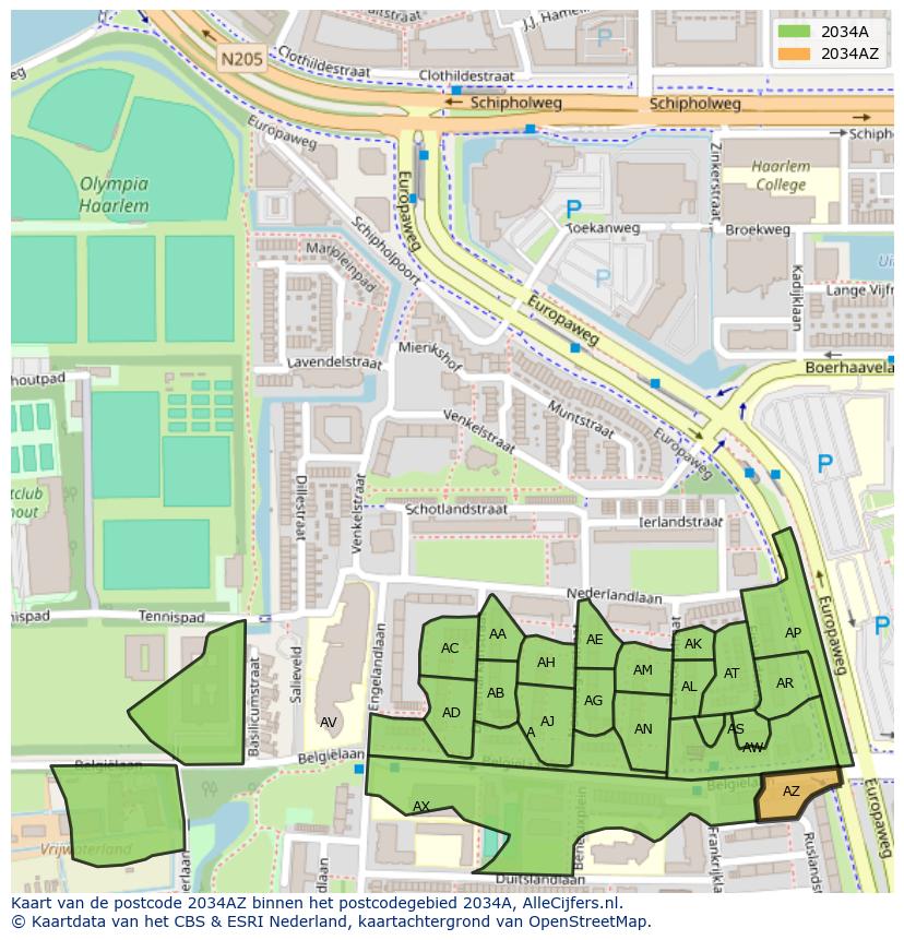 Afbeelding van het postcodegebied 2034 AZ op de kaart.