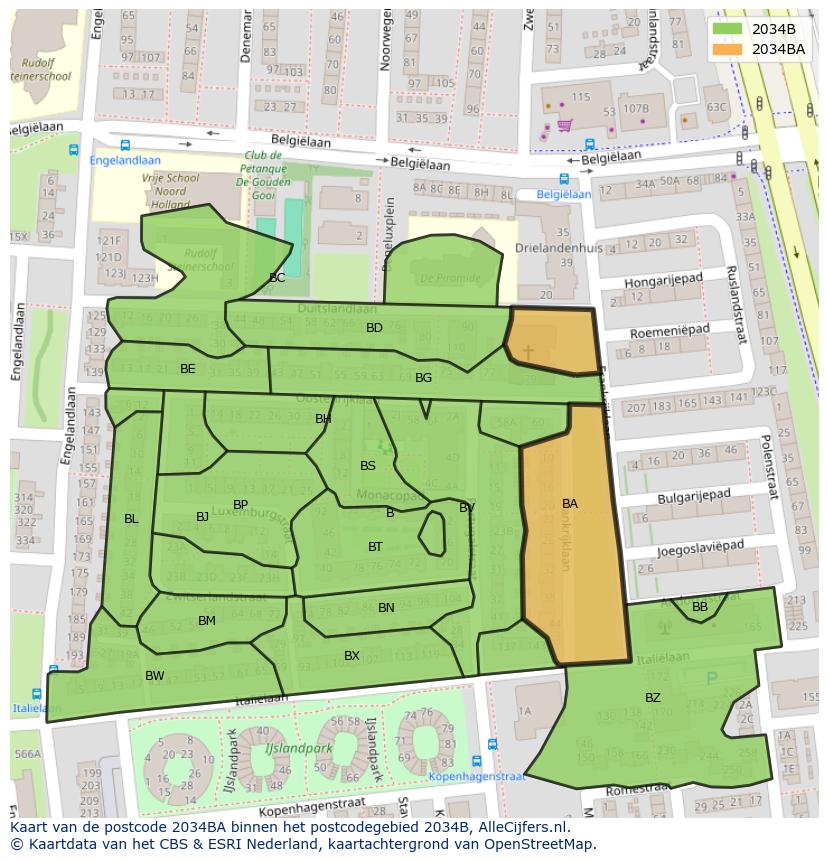 Afbeelding van het postcodegebied 2034 BA op de kaart.