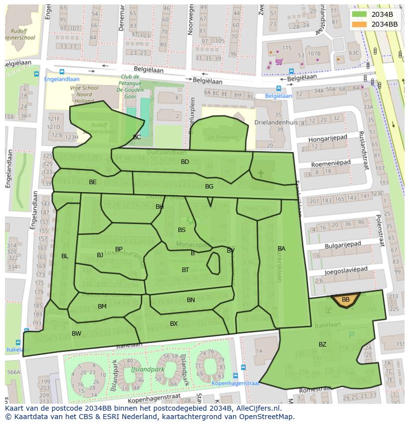 Afbeelding van het postcodegebied 2034 BB op de kaart.